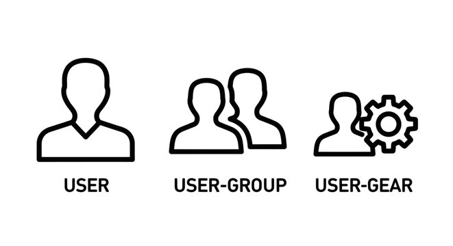 Set of user interface outline icons featuring a single user a user group a user gear settings symbol for digital profile management settings interface application business personal