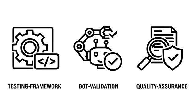 Software testing framework bot validation and quality assurance process icons with framework validation assurance software automation development engineering verification standard compliance