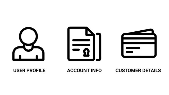 Digital account information and customer profile icons featuring personal data document and credit card symbols customer document information personal identity business interface registry