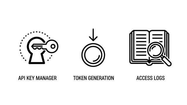 Api key manager token generation access logs line icons set with magnifying glass line art generation security authentication authorization development developer programming software