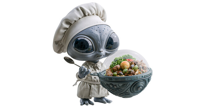Tiny alien chef cooking futuristic food in floating bowl isolated on transparent background for science fiction culinary fantasy concept