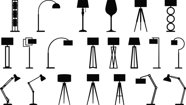 Modern Floor Lamp and Desk Light Black Silhouette Icon Set Featuring Arched, Tripod, and Adjustable Torchiere Fixtures for Interior Furniture Graphic Designs