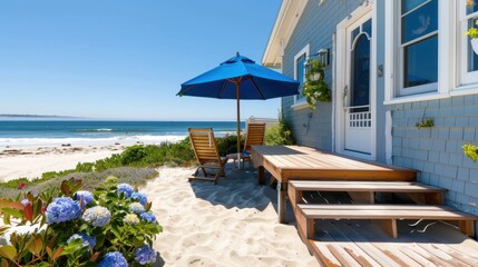 Fototapeta premium Tranquil Coastal Retreat with Beach Chairs, Umbrella, and Scenic Ocean Views on a Bright Sunny Day