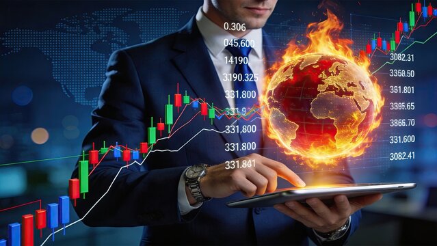 Trader using tablet displaying burning earth globe surrounded by financial candlestick charts and numbers, global economic crisis concept, climate change impact on markets,