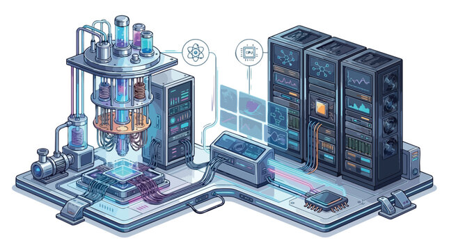Isometric view of data center server racks and cooling system.