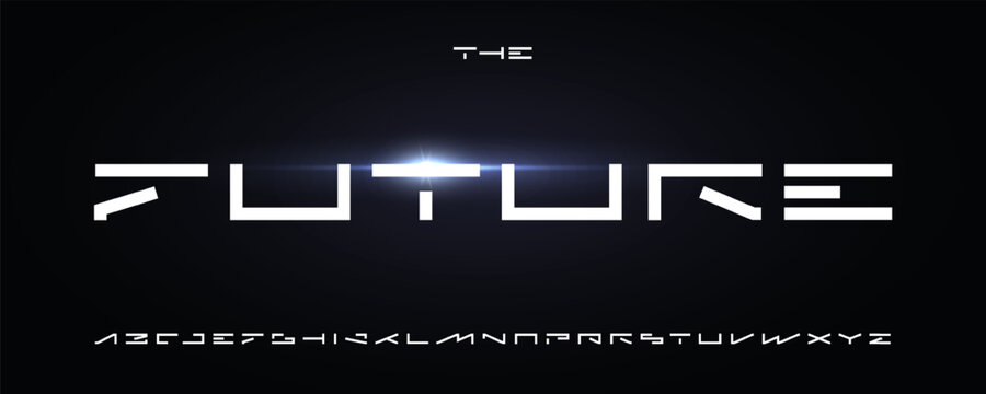 Future Font Logo Alphabet Wide Geometric Letters Sci-fi Typography, Futuristic Typographic Design for AI Digital Transformation Headline, Robot Science Tech Logotype, Cyber Fonts. Vector Typeface