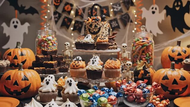 Festive Halloween party dessert buffet with cake, cupcakes, brownies, pumpkins, and candy in a spooky, decorative scene.