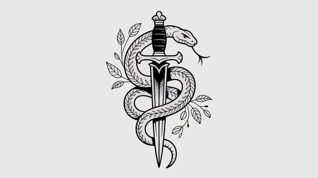 Snake wrapped around dagger, tattoo design, black and white illustration, dagger with snake, leafy pattern