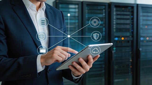 IT administrator managing cloud network and server infrastructure using tablet in data center, cybersecurity, database management, system maintenance, hosting services and digital