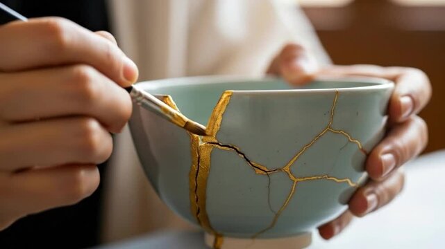 Kintsugi Art - Repairing a Broken Bowl with Gold.