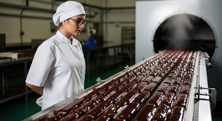 Fototapeta premium Manufacturer confectionery chocolate manufacturing concept showing female confectioner inspecting vibrating moulds filled with liquid chocolate highlighting temper control precision sweet production