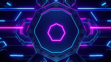 Fototapeta premium Neon hexagon tunnel. Blue, pink lights create futuristic corridor. Dark background emphasizes glowing geometric shapes. Symmetry dominates composition.