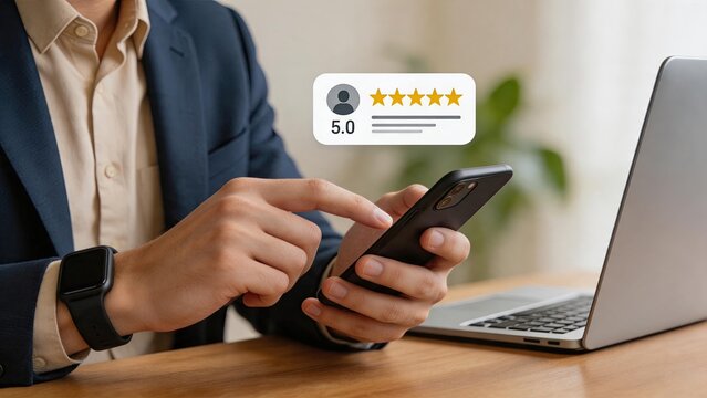 Person using smartphone to check five star customer review rating, online feedback and reputation management concept, digital marketing success, mobile application user experience