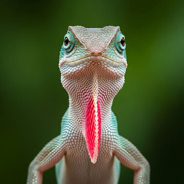 Majestic green lizard with a prominent red dewlap stares intently, a captivating wildlife portrait showcasing exotic reptile beauty