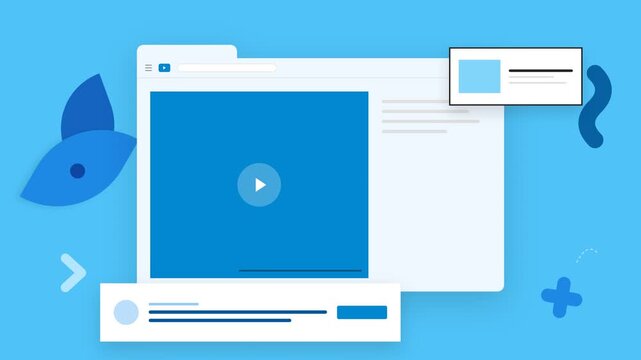 Stylized illustration of a web browser interface displaying a video player and various digital content elements on a blue background.