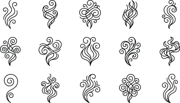 Aroma and Smoke Steam Line Icon Set with Elegant Swirl and Vapor Waves Symbols for Coffee, Food, Perfume, and Incense Branding Designs