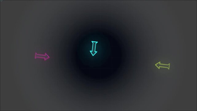 Three Neon Glowing Arrows Rotating Around A Dark Central Spotlight Point