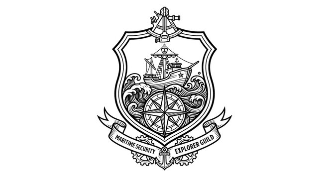 Nautical exploration and adventure crest with ship and compass, coat of arms