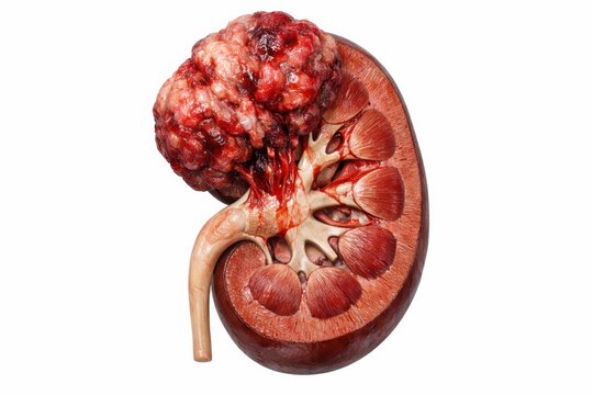 Renal cell carcinoma kidney cancer anatomy rendering displaying irregular malignant tumor growth invading kidney cortex and pelvis representing severe urology oncology pathology