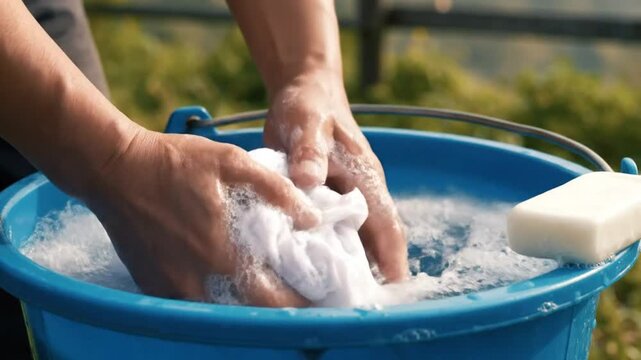 Washing white cloth by hand in a blue bucket with soapy water in an outdoor scene with green background.