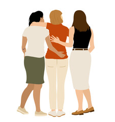 Obraz premium Women friendship and support illustration with diverse female companions. Back view of caring friends showing unity, trust and sisterhood together. Minimal artwork about connection and solidarity