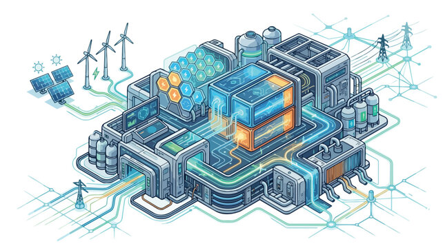 Futuristic data center with glowing server clusters.