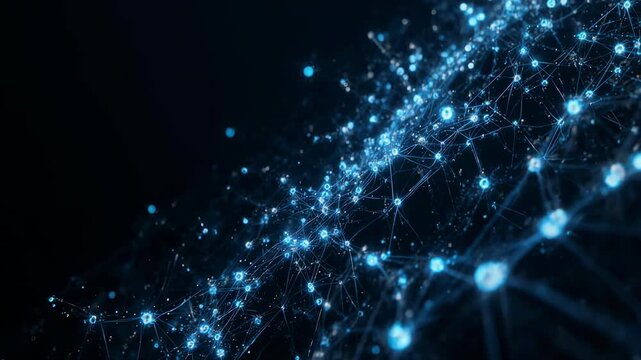 Glowing blue network connections on dark gradient forming complex patterns