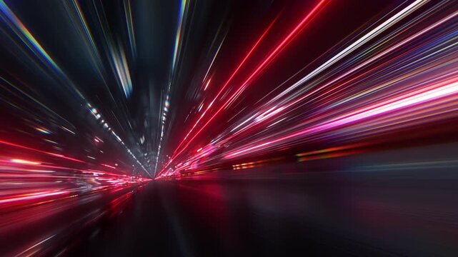 Abstract high speed light trails seamless loop, neon red motion blur background, futuristic technology data transfer, cyberpunk velocity tunnel, glowing streaks, VJ loop, energy fast time-lapse.