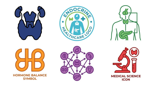 A collection of colorful flat design medical icons, depicting various aspects of the endocrine system, including the thyroid gland and hormone balance symbols, suitable for healthcare and me