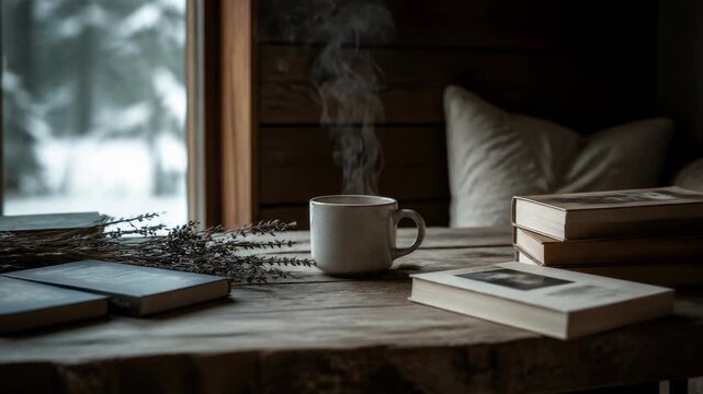A steaming ceramic mug sits on a rustic wooden table surrounded by vintage books in a cozy library setting.