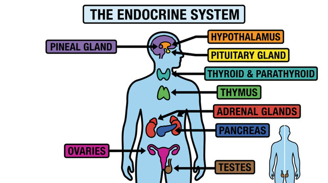 Detailed diagram of the human endocrine system, showcasing various glands like the pineal gland, thyroid, adrenal glands, and reproductive organs, labeled and color-coded. Educational, medic