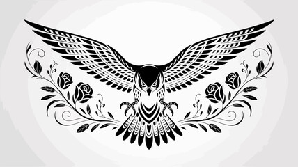 Obraz premium Black and white owl, spread wings, floral design, tattoo style, vector illustration