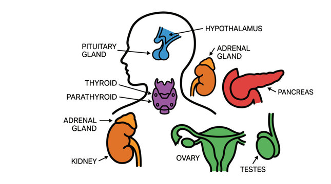 Detailed medical diagram showcasing the human endocrine system, depicting key glands and organs like the pituitary, thyroid, adrenal glands, pancreas, ovaries, and testes in a clear, educati