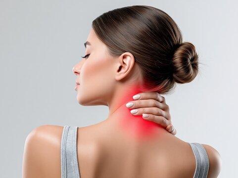 Young Woman Experiencing Neck Pain and Discomfort Highlighted with Red Glow on Gray Background