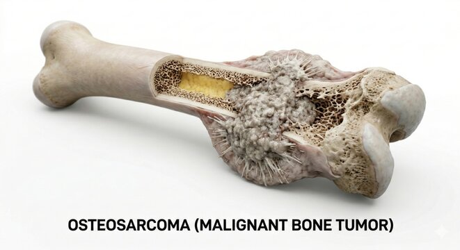 Anatomical visualization displaying malignant bone cancer tumor growth invading healthy femur bone tissue representing severe oncology musculoskeletal pathology within clinical science