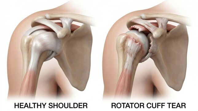 Anatomical comparison visualization displaying healthy shoulder joint alongside one with complete supraspinatus rotator cuff tear representing common sports injury within clinical medicine