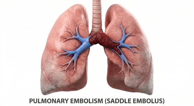 Anatomical visualization displaying large blood clot embolus wedged in pulmonary lung artery bifurcation representing dangerous obstructive vascular respiratory pathology clinical medicine