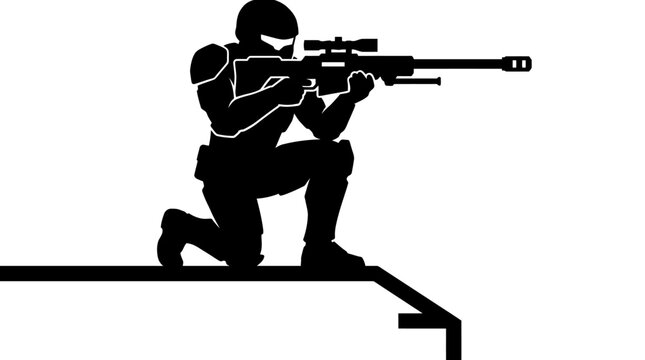 Elite tactical sniper silhouette aiming a precision rifle, symbolizing strategic combat, covert operations, and future military technology