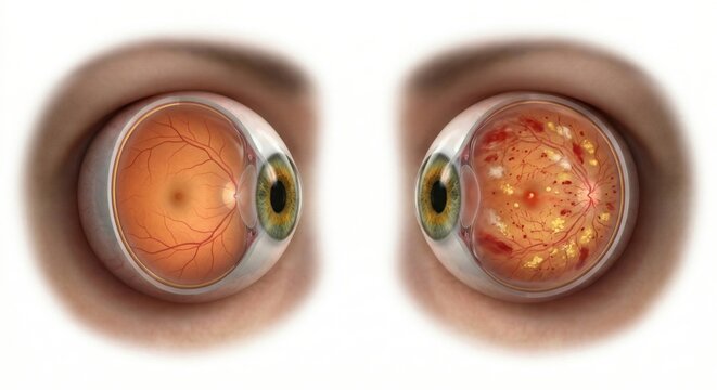 Anatomical visualization comparing healthy human retina with advanced proliferative diabetic retinopathy displaying complex neovascularization microaneurysms hemorrhages medical science rendering