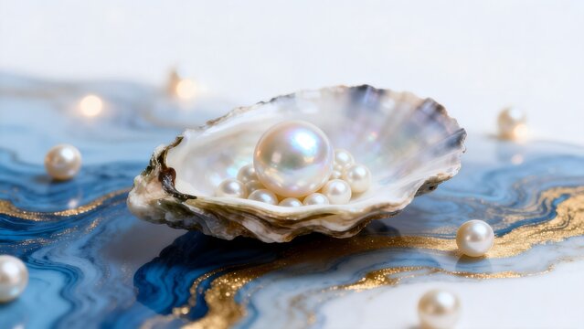 Pearl in an oyster shell on decorative surface