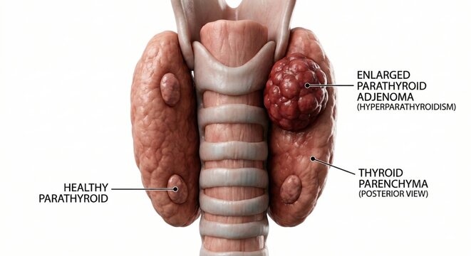 Anatomical posterior visualization exhibiting healthy parathyroid glands alongside one enlarged by parathyroid adenoma representing severe endocrine pathology clinical medicine