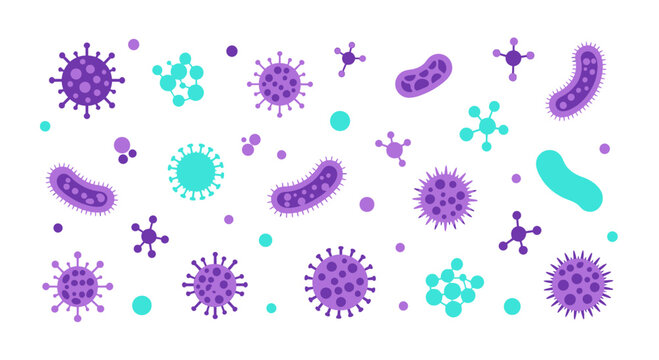 Colorful Microbe and Bacteria Icons Set, Vector Illustration