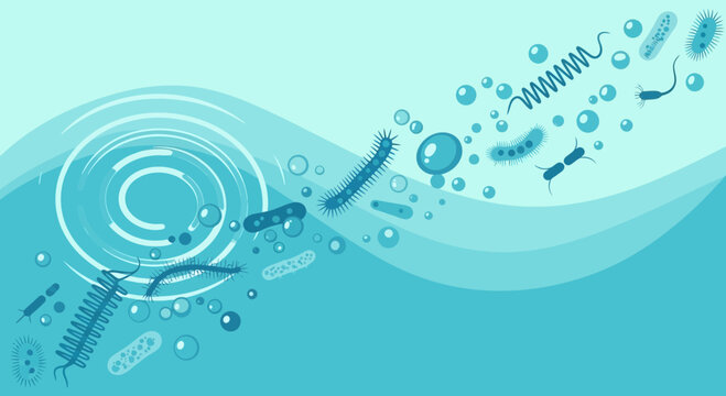 Microscopic Bacteria and Viruses Floating in Blue Water with Bubbles