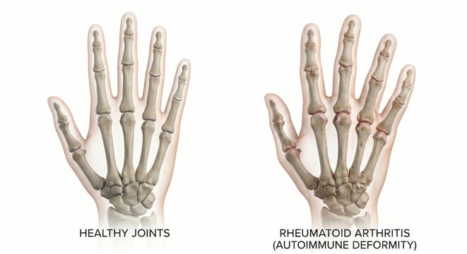 Anatomical comparison rendering showing healthy hand joints alongside ones deformed by rheumatoid arthritis exhibiting erosion and swelling representing autoimmune orthopedic pathology