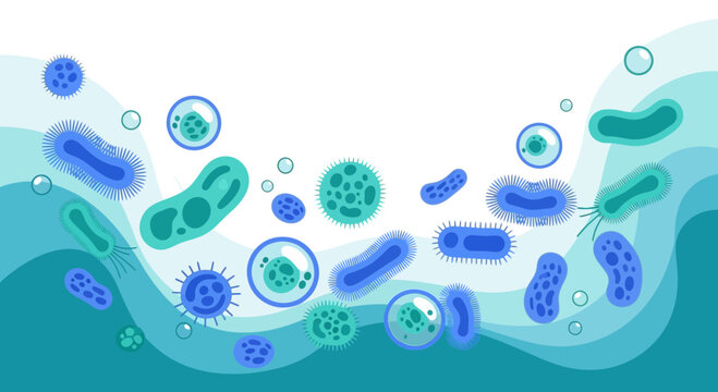 Microscopic Bacteria and Viruses Floating in Water, Scientific Illustration