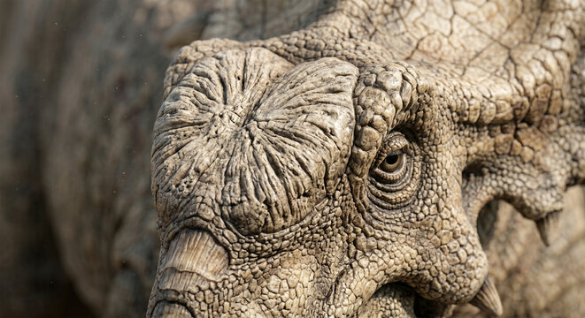 An extreme macro photograph of a Pachyrhinosaurus head, focusing on the massive, flattened bony bump (boss) on its snout. 