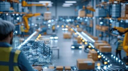 Fototapeta premium Modern Automated Warehouse with Robotic Arms, Conveyor Belts, and Worker Using Futuristic Digital Interface
