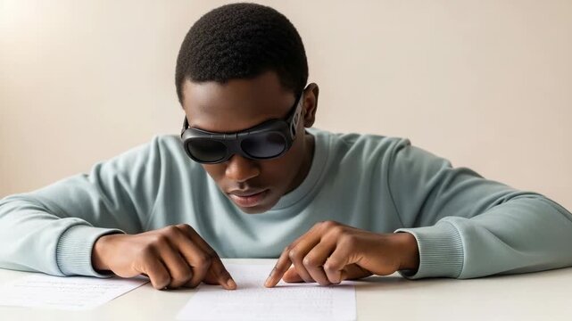 Young black blind man reading braille book with fingers 
