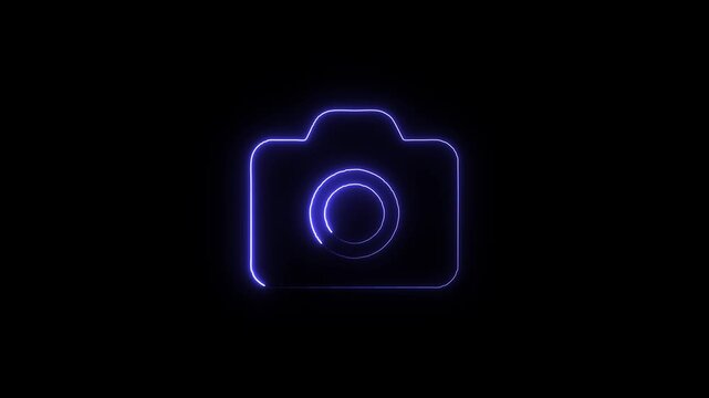 Glowing neon blue camera icon on black background a minimalist outline of a symbol pulsating or shining