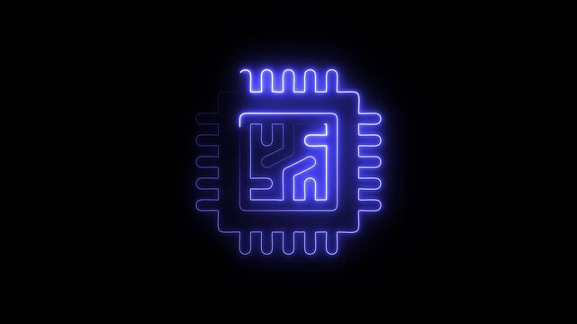 Neon blue computer microchip icon an glowing graphic of a processor chip showing circuit board